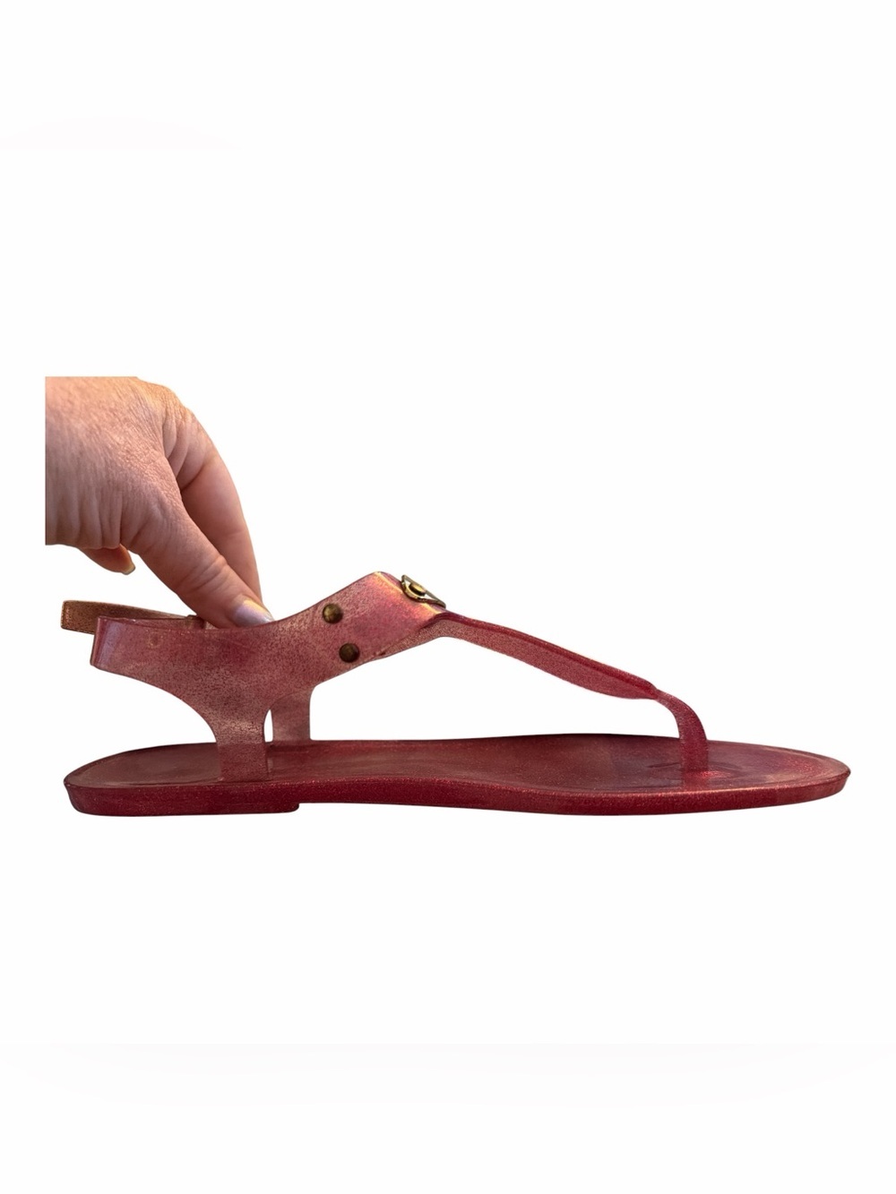 MICHAEL KORS MK PLATE ICONIC GLITTER JELLY PVC GOLD LOGO THONGS